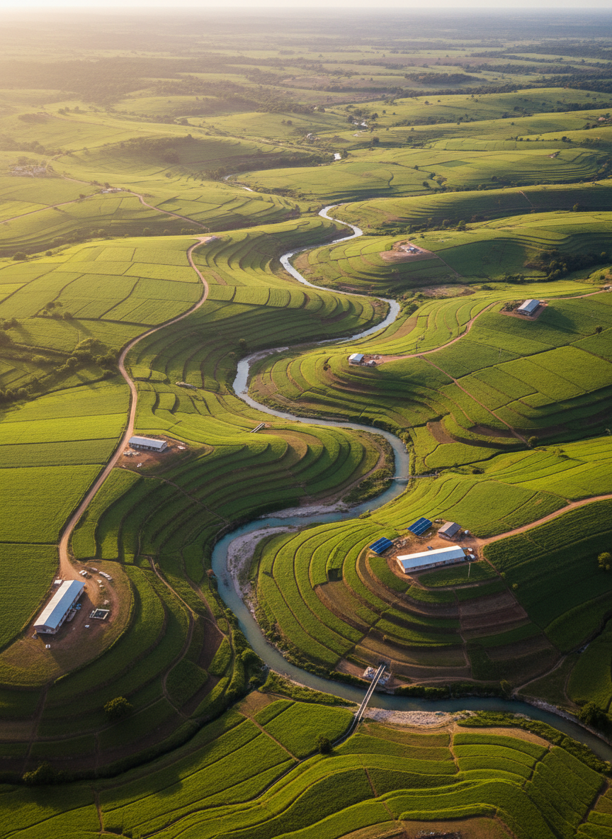 A detailed aerial photographic view of the lush valley of Musac in southeastern Haiti, with patchwork agricultural fields in vibrant greens and earthy browns stretching between gently rolling hills. A small, clearly defined river winds through the center, bordered by neatly organized terraces and modest rural infrastructure such as dirt roads, small storage buildings, and solar-powered water pumps. Soft late-afternoon sunlight bathes the landscape in a warm, golden tone, creating long, gentle shadows that emphasize the terrain’s contours. Shot in sharp focus from a high bird’s eye perspective, with a clean, documentary style that feels professional and optimistic, symbolizing coordinated economic and social development across the valley without showing any people.