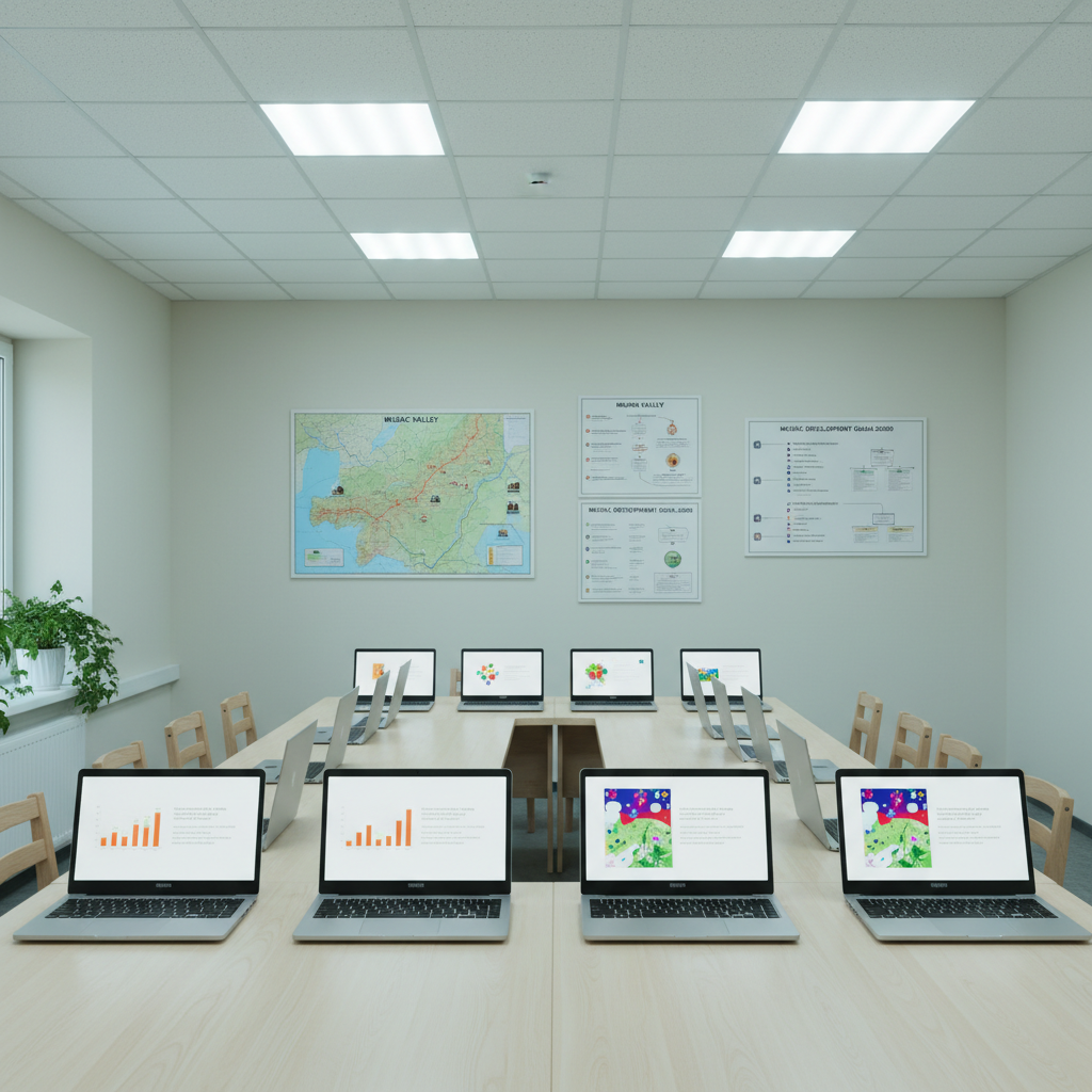 A high-quality photographic scene of a small rural computer and training room designed to strengthen local capacities in Musac. Several modern laptops sit neatly arranged on a long, light-wood table, each displaying different simple graphs, maps, or educational materials related to agriculture and community development. The walls are freshly painted in neutral off-white, with a large laminated map of the Musac valley and a printed timeline of development goals pinned neatly. Cool, diffused fluorescent ceiling lights evenly illuminate the room, creating a clean, professional ambiance with minimal shadows. Shot from an eye-level, wide-angle perspective with sharp focus across the entire frame, the image conveys organization, access to knowledge, and social uplift through training, while deliberately avoiding any human presence.