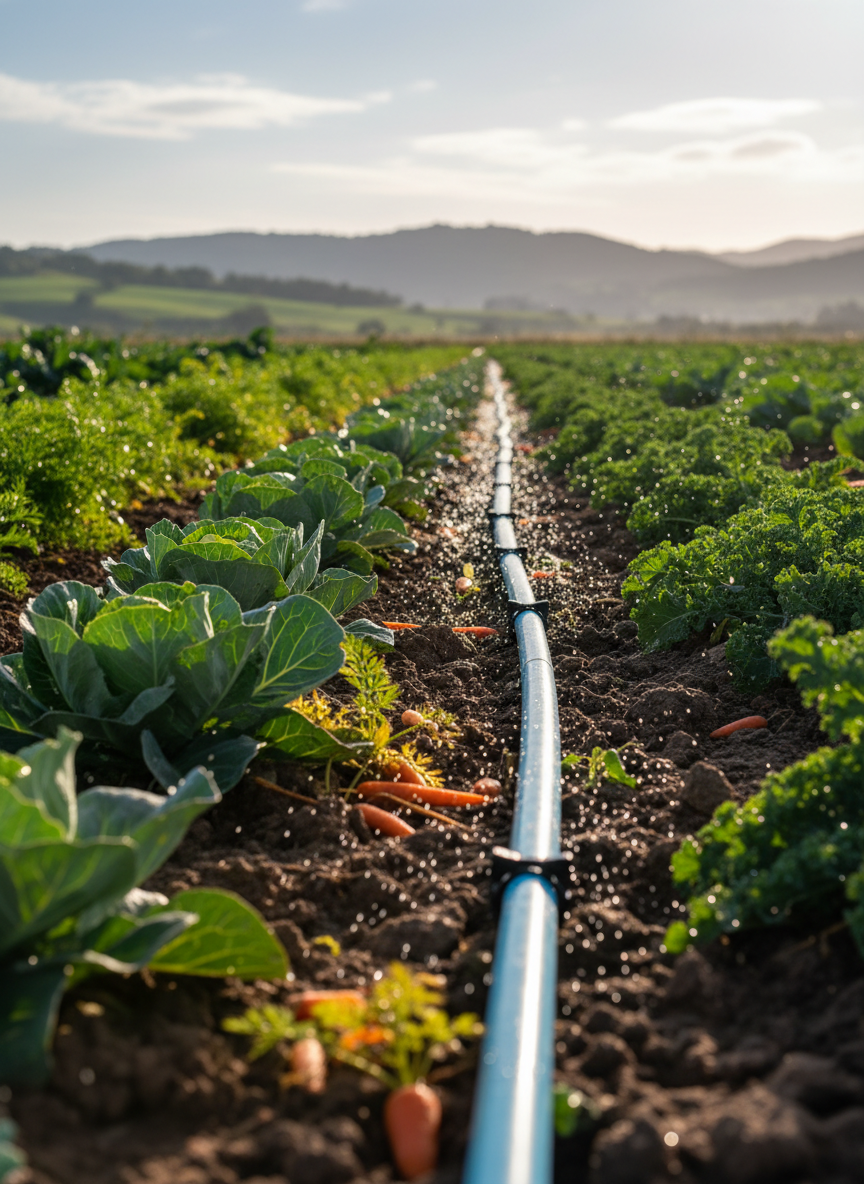 A realistic photographic image of a newly installed small-scale irrigation system in Musac’s farmland, featuring sturdy blue PVC pipes running along well-tended vegetable rows of cabbage, carrots, and leafy greens. Drip emitters glisten with fresh water droplets under soft morning light, casting tiny sparkling highlights on the moist, dark soil. In the background, green hills rise gently beneath a pale blue sky with a few wispy clouds, slightly out of focus to emphasize depth. The mood is hopeful and forward-looking, with a clean and modern aesthetic. Shot at low angle close to the ground with shallow depth of field, the composition leads the eye along the irrigation line, symbolizing practical economic uplift and improved agricultural productivity without any visible workers.