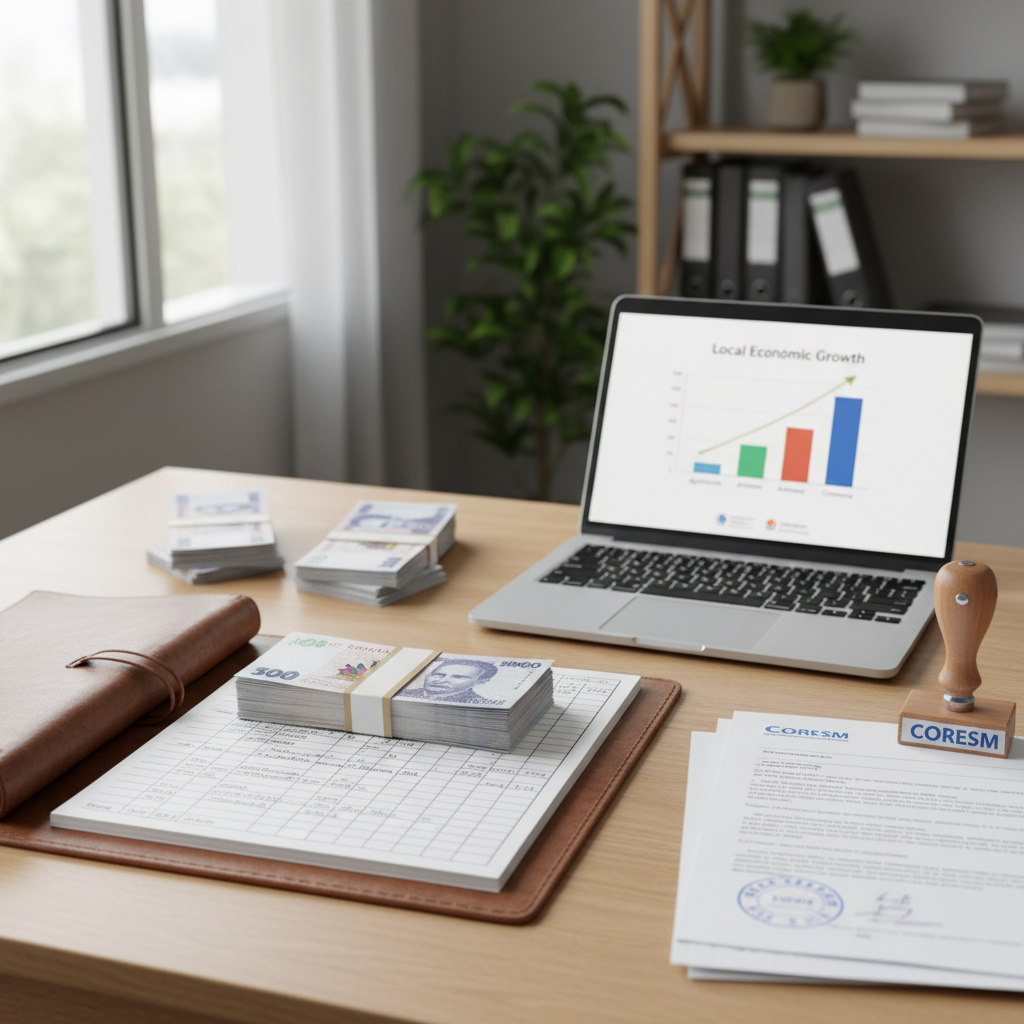 A detailed, high-resolution photographic close-up of a microfinance and cooperative development workspace, focused on financial tools used to support small producers in Musac. On a clean desk lie neatly stacked Haitian gourde banknotes, open ledger books with clearly written columns, and a laptop showing a simple bar chart of local economic growth. A small stamp bearing the CORESM acronym rests beside orderly stamped documents. Natural light from a side window creates soft, directional illumination, forming subtle shadows that give depth and texture to the paper and currency. Captured from a slightly oblique overhead angle with shallow depth of field, the main documents are in crisp focus while background storage shelves and binders gently blur. The mood is professional and transparent, emphasizing structured economic empowerment without any human figures.