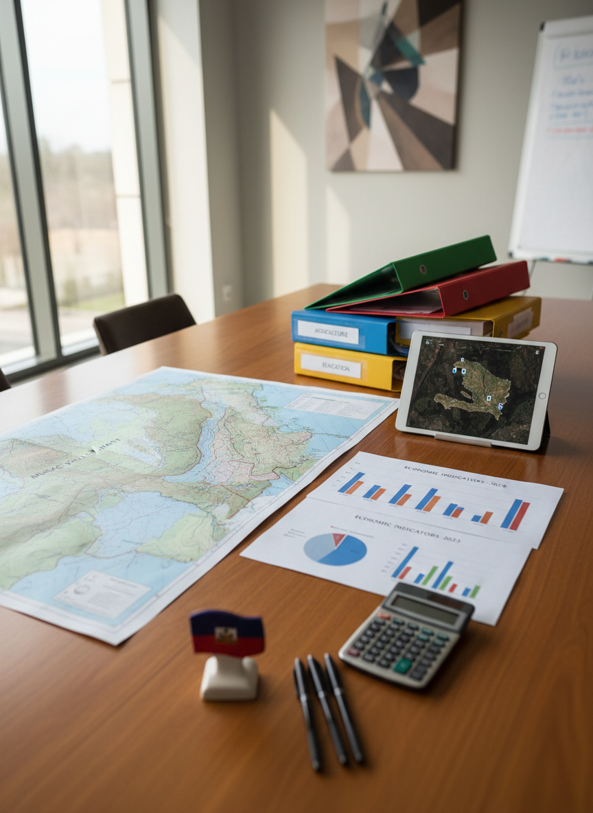 A close-up, photographic realism scene of a modern rural development planning table inside a simple, well-lit office. On a smooth wooden tabletop lie a detailed topographic map of the Musac valley, neatly arranged printed charts of economic indicators, and color-coded folders labeled for agriculture, infrastructure, education, and health. A tablet computer displays a satellite image of the region, while a calculator, pens, and a small Haitian flag emblem rest nearby. Diffused daylight from a nearby window creates soft, even lighting with gentle shadows, producing a calm, organized atmosphere. Composed from a slightly elevated angle using the rule of thirds, with sharp focus on the documents and a subtly blurred background, conveying professionalism, strategic planning, and collaboration with national and international institutions, without any human presence.