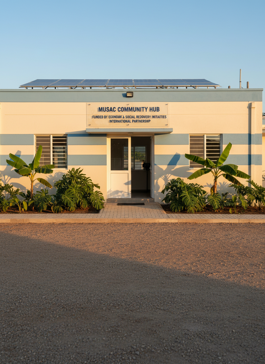A professionally photographed scene of a modest but modern community resource center exterior in rural Musac at golden hour. The concrete building is freshly painted in light cream and soft blue tones, with a clear sign indicating it is funded through economic and social recovery initiatives. Solar panels are neatly aligned on the rooftop, and a small, well-maintained garden with tropical plants and young fruit trees surrounds the entrance. Warm, low-angle sunlight creates a gentle glow on the facade and casts elongated, welcoming shadows across a clean, compact courtyard. Framed at eye level with balanced composition and sharp focus, the image feels trustworthy, organized, and aspirational, representing improved social infrastructure and international partnership, while intentionally avoiding any depiction of people.