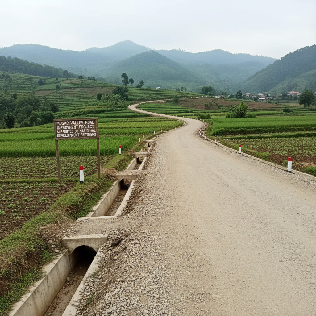 A documentary-style photographic image of a carefully maintained rural road improvement project in the Musac valley. A newly graded dirt and gravel road curves gently through verdant fields and small hillside plots, with sturdy drainage ditches and simple concrete culverts visible along the edges. Reflective roadside markers and a small sign indicating support from national and international development partners stand beside the road. Overcast daylight provides soft, even lighting, minimizing harsh shadows and enhancing detail in the textures of gravel, soil, and vegetation. The composition uses a leading line perspective from a low, roadside angle, drawing the viewer’s eye into the distance toward layered green hills. The atmosphere is practical and forward-moving, symbolizing better market access and social connectivity, with no vehicles or people present.